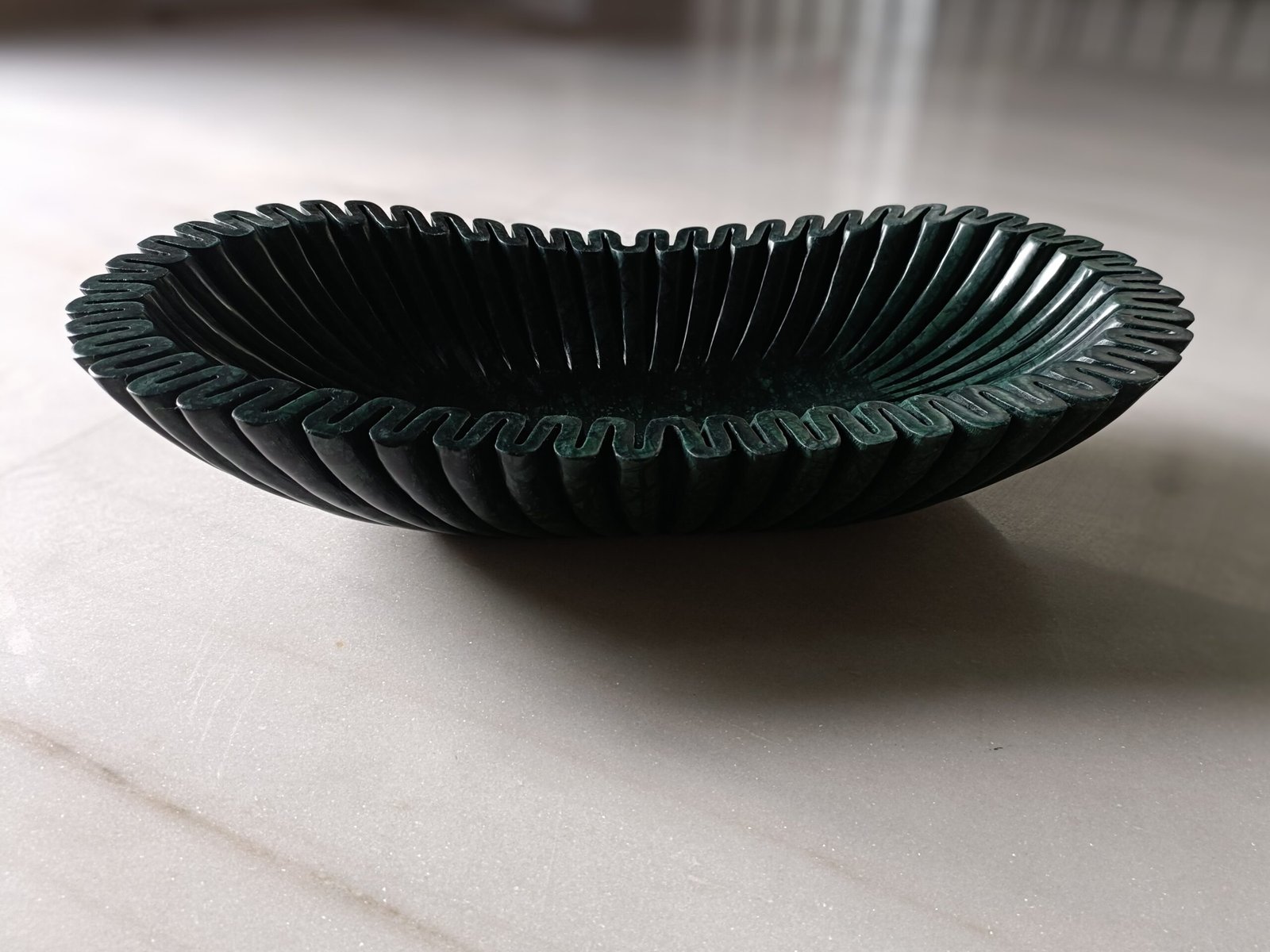 Green Scalloped Ribbed Marble Bowl - 18 Inch - Image 3