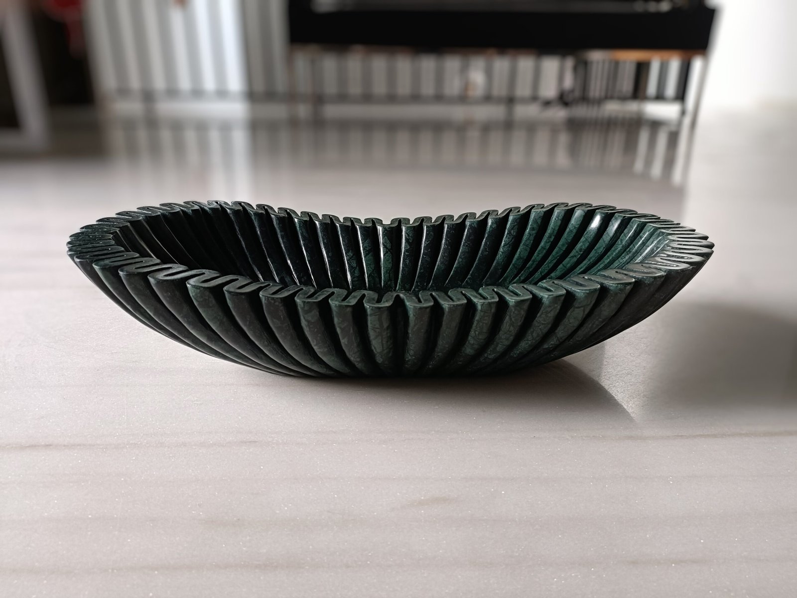 Green Scalloped Ribbed Marble Bowl - 18 Inch - Image 2