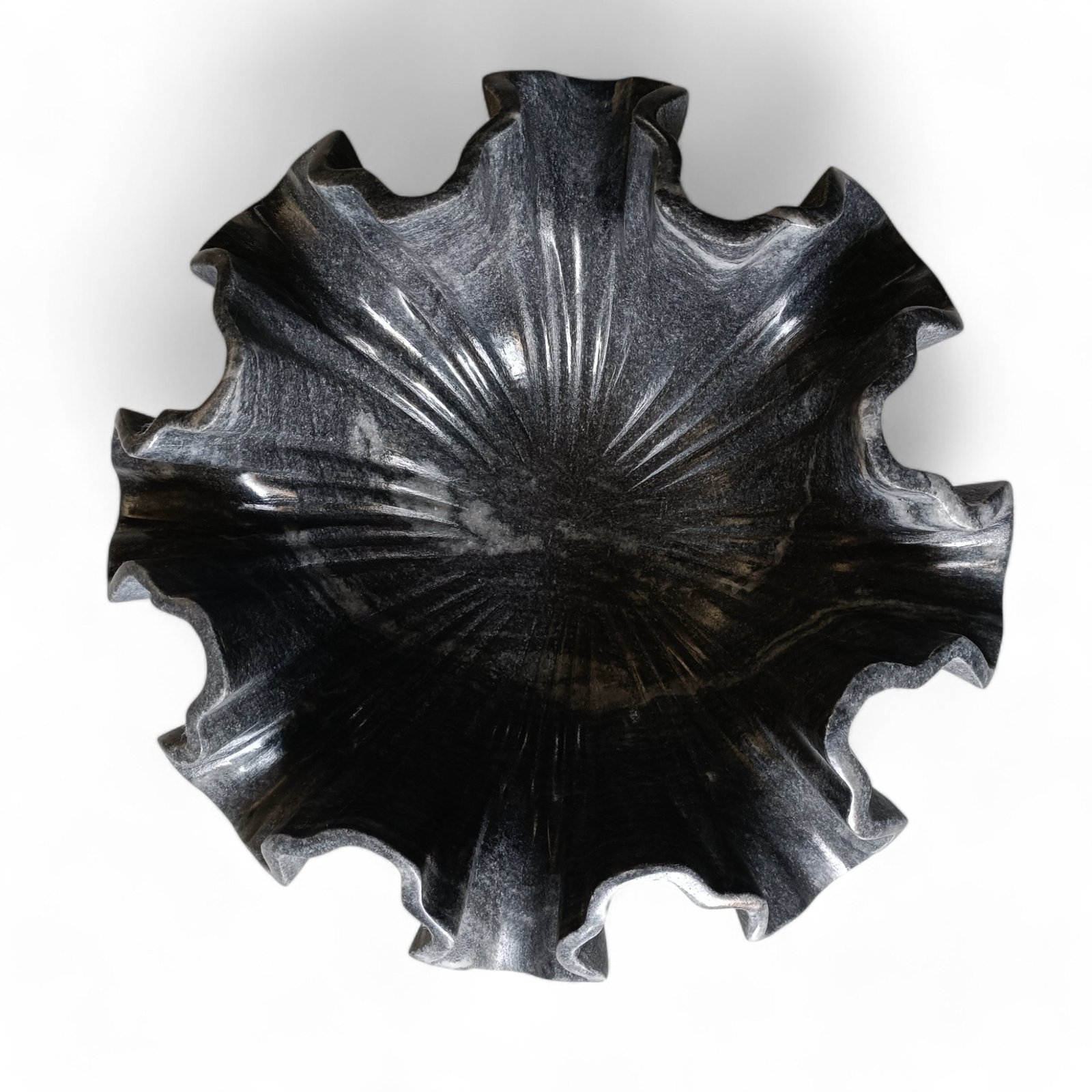 12 Inch Greyish Black Marble Floral Bowl – Ruffle Wave Design - Image 2