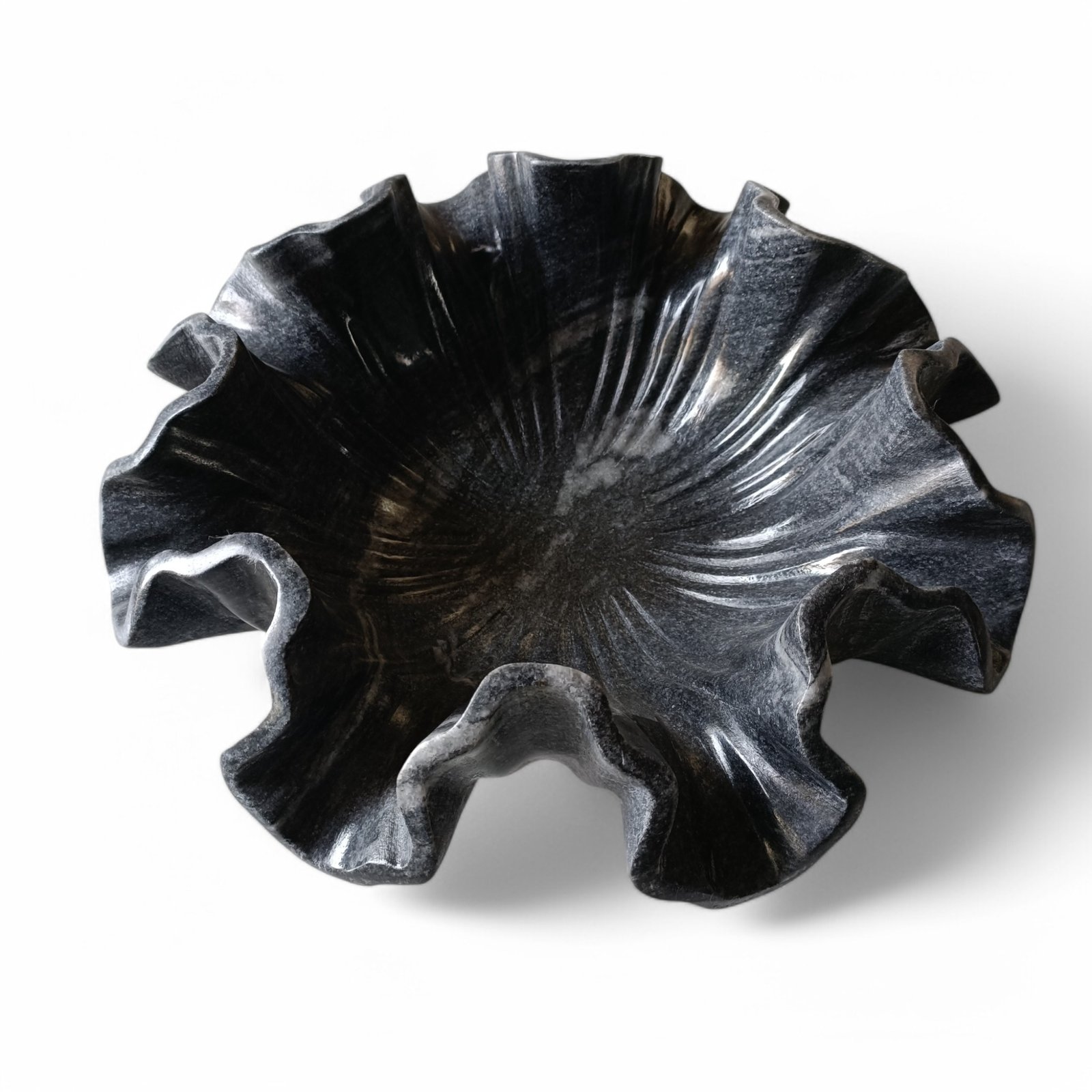 12 Inch Greyish Black Marble Floral Bowl – Ruffle Wave Design - Image 3