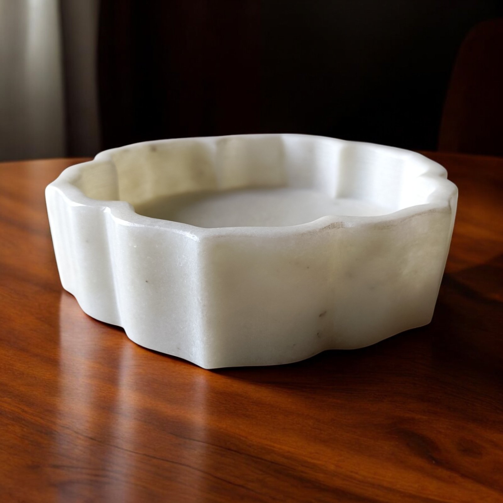 Snow White Petal-Notched Marble Floral Bowl - 6 Inch - Image 4