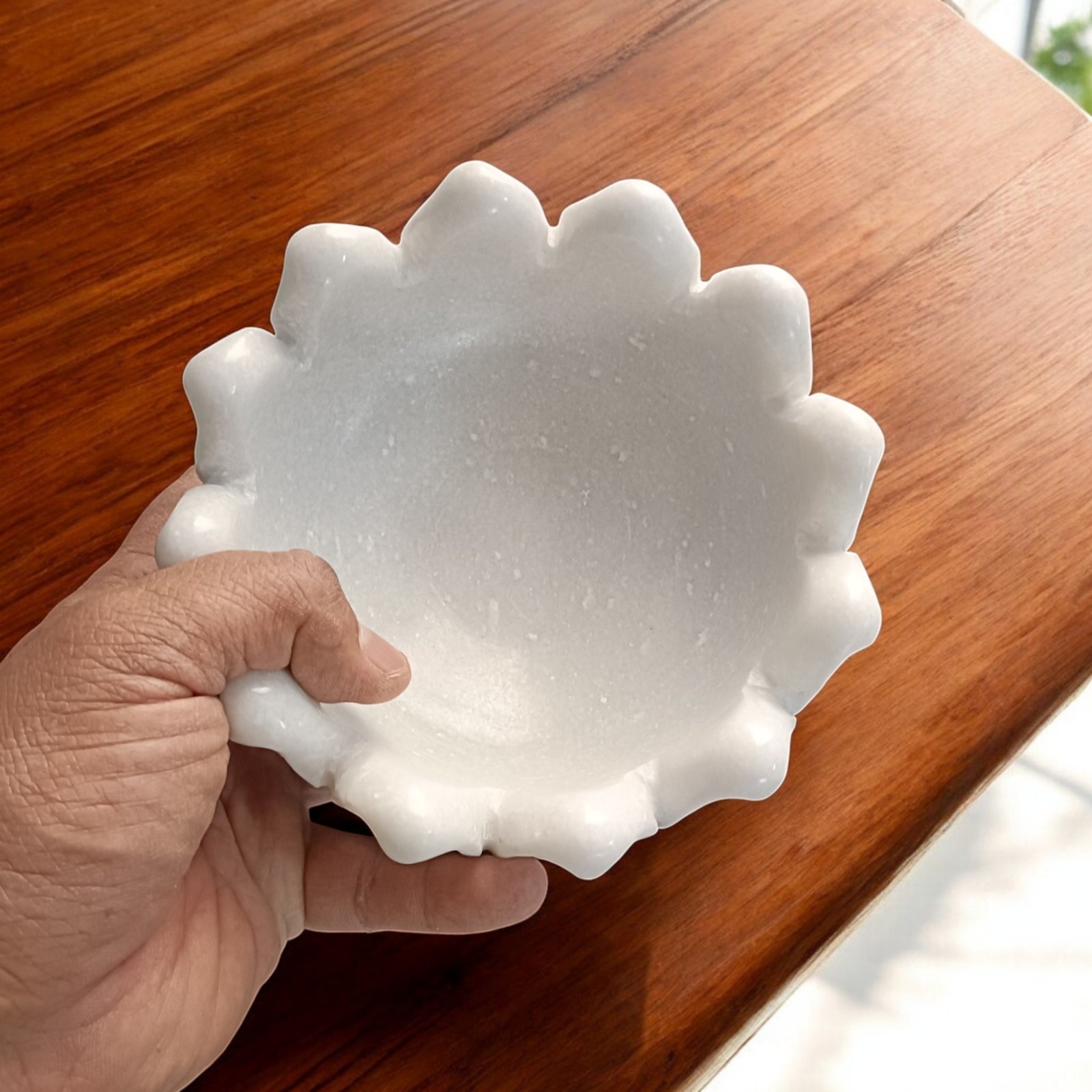 Snow White Crowned Lotus Marble Sculptural Bowl - 6 Inch - Image 3