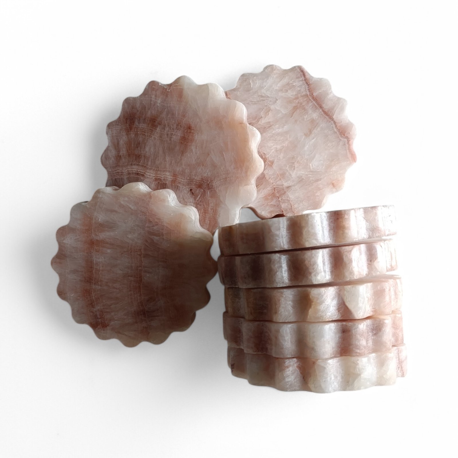 Pink Onyx Scalloped Marble Coasters – Set of 6 (4x4 Inch, 20mm Thick)