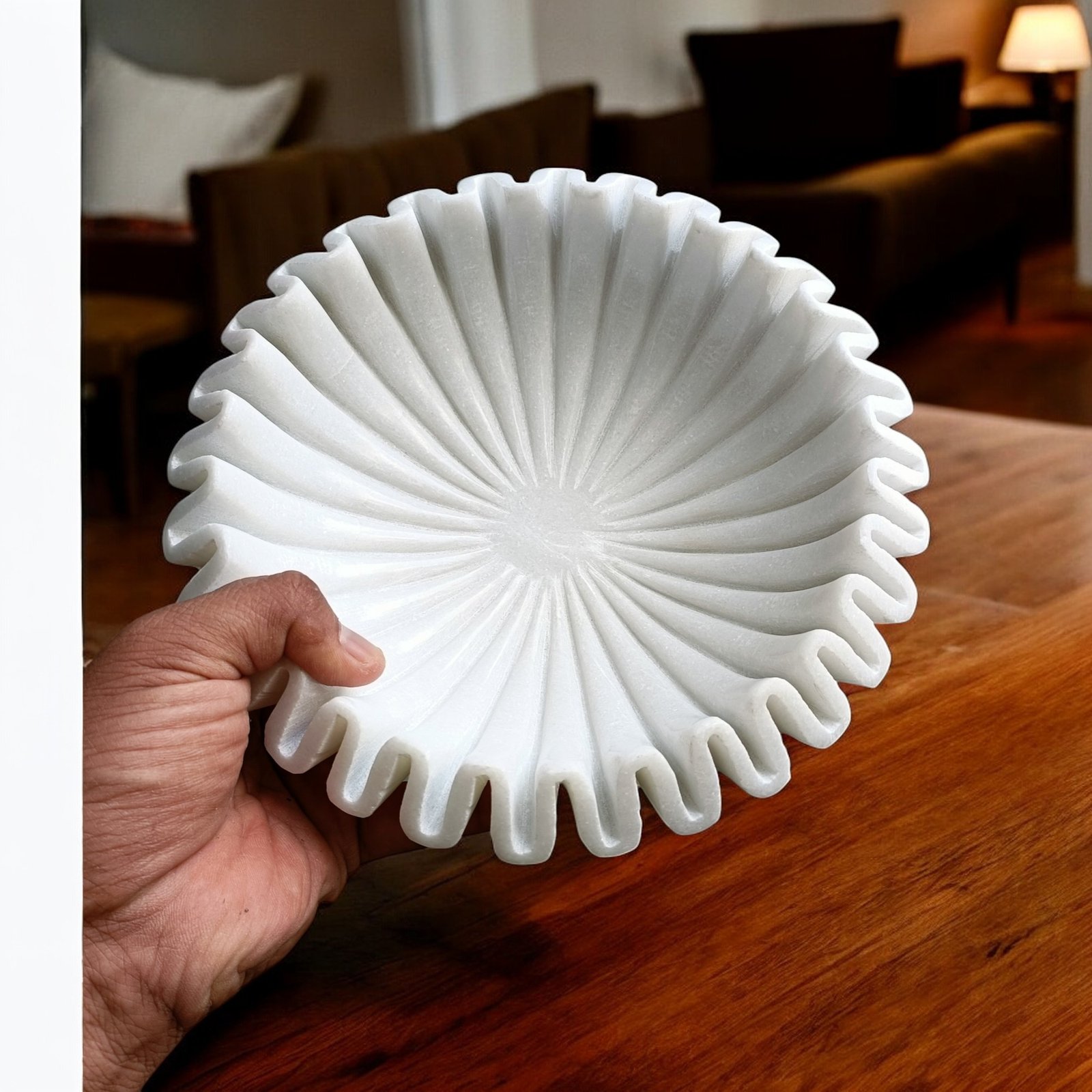 Snow White Sunburst Pleated Marble Statement Bowl - 9 Inch