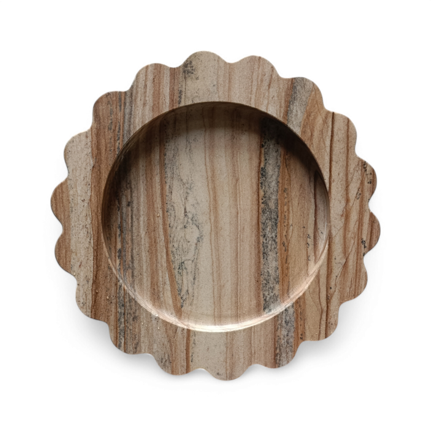 Round Wooden-Look Marble Serving Tray – 8 Inch Scalloped Decor