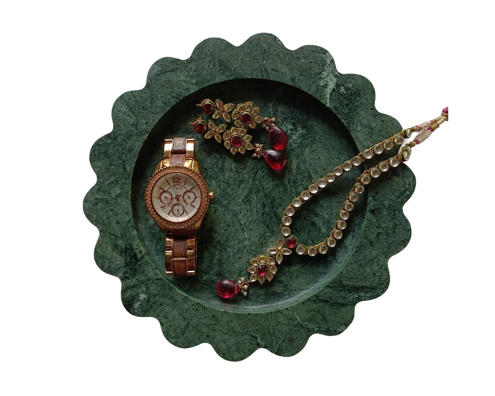 Round Green Marble Serving Tray – 8 Inch Scalloped Decor