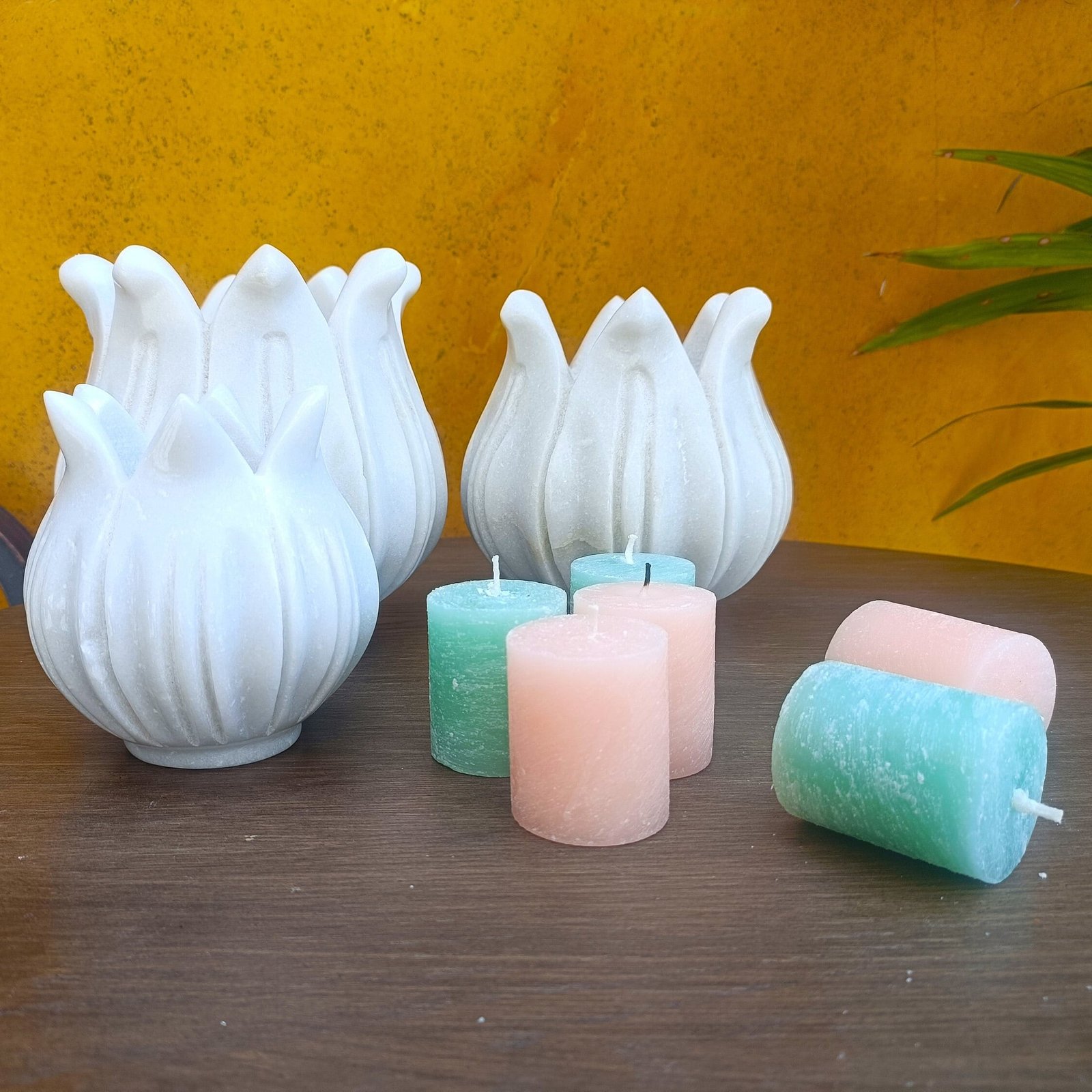 Hand Carved White Marble Candle Stand & Vase – Elegant Home Decor