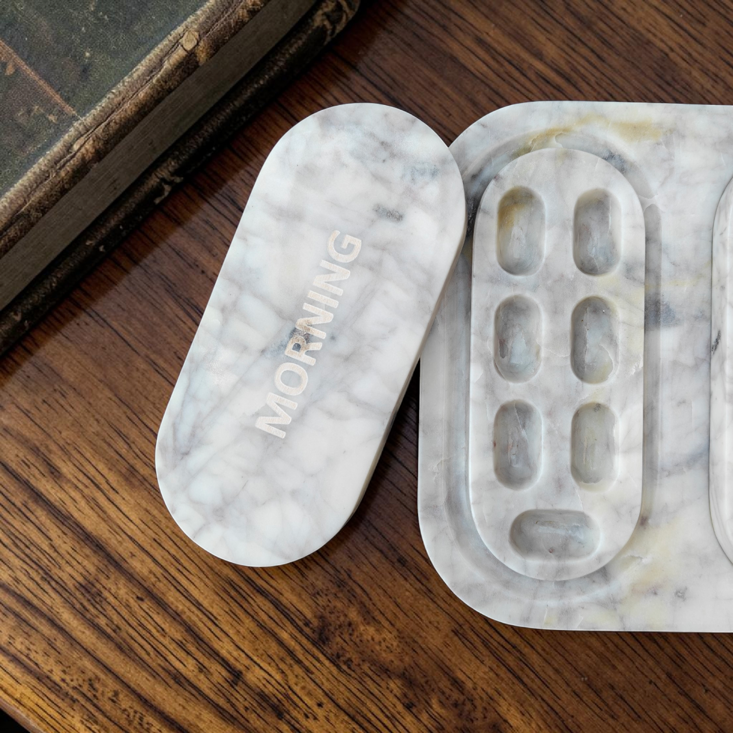 TWINCAP Marble Pill Box - Off White Marble Pill Box with Plain Lid : Seven Day Organizer Purple Veining Pill Box Seven Day Pill Organizer - Image 5