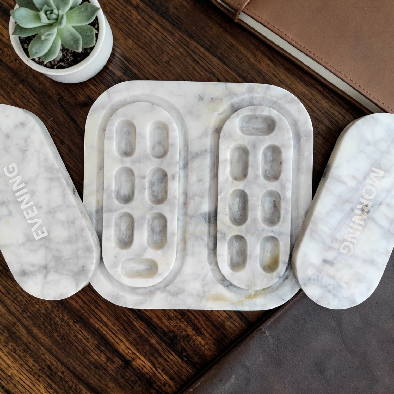 TWINCAP Marble Pill Box - Off White Marble Pill Box with Plain Lid : Seven Day Organizer Purple Veining Pill Box Seven Day Pill Organizer