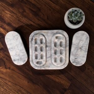 TWINCAP Marble Pill Box - Off White Marble Pill Box with Plain Lid : Seven Day Organizer Purple Veining Pill Box Seven Day Pill Organizer