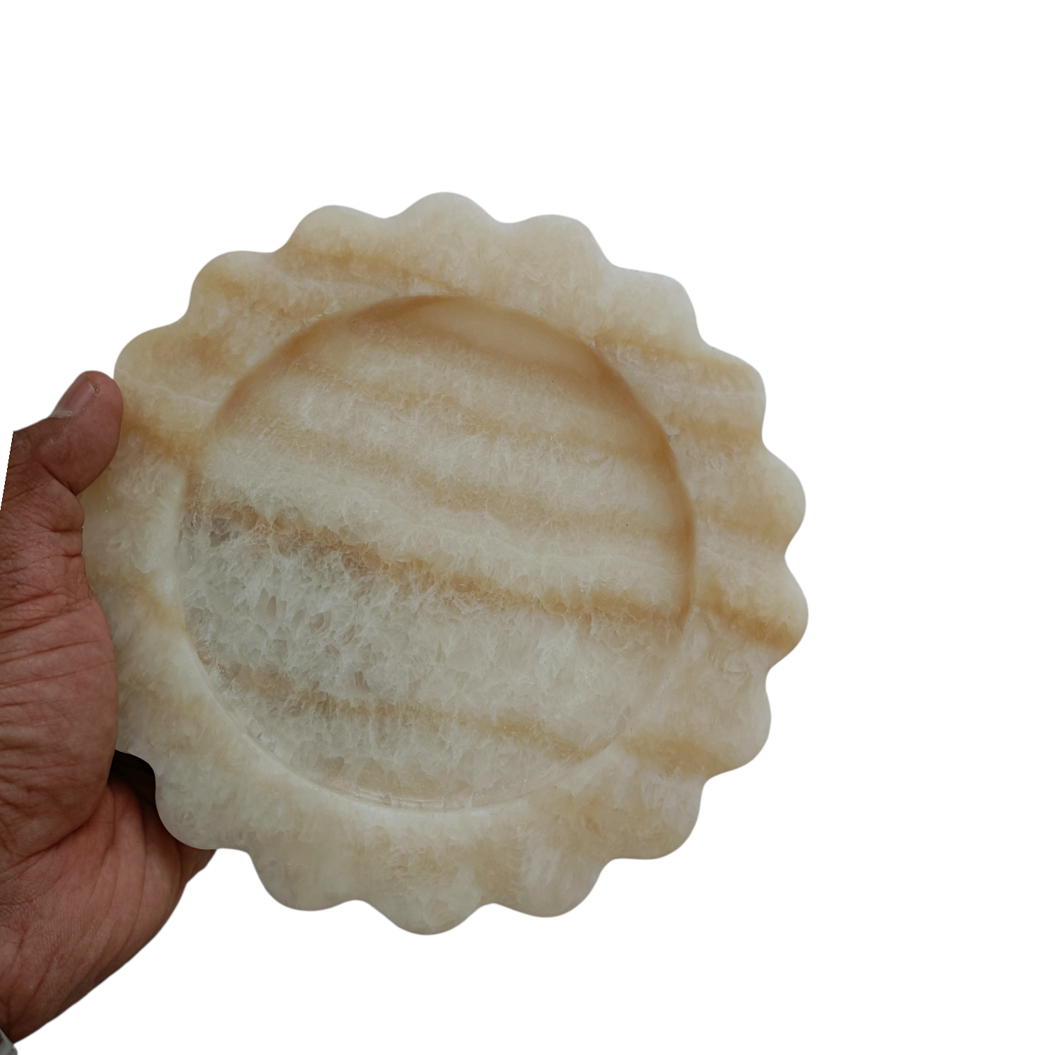 Round Scalloped Honey Onyx Marble Tray Decorative Jewelry & Serving Plate– 8 Inch - Image 4