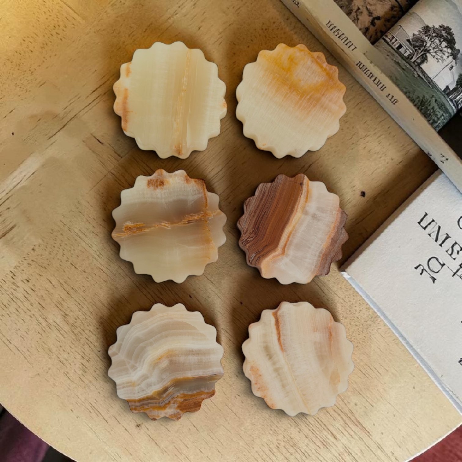 Round Scalloped Onyx Marble Coasters – Set of 6 (4x4 Inch, 20mm Thick)