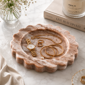Round Scalloped Natural Veining Marble Serving Tray – 8 Inch Round Scalloped