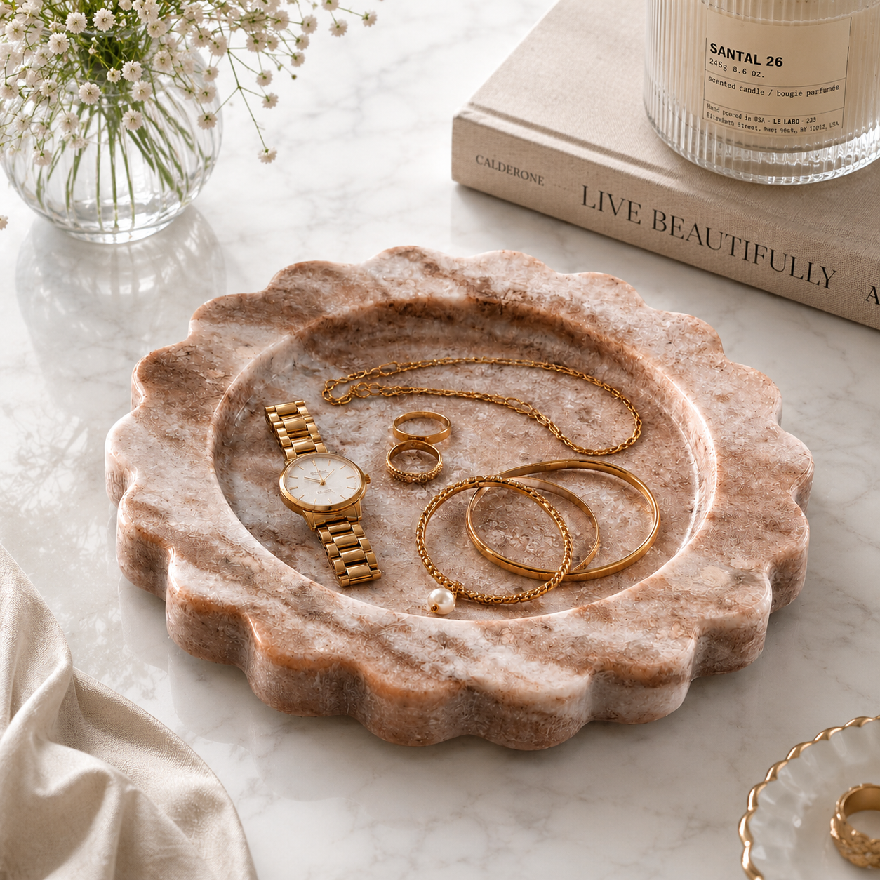 Round Scalloped Natural Veining Marble Serving Tray – 8 Inch Round Scalloped
